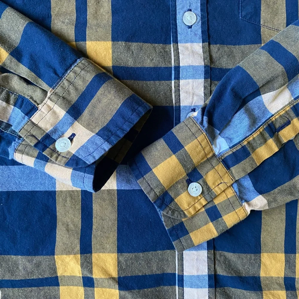 J.Grew Men's Navy and Mustard Plaid Button-Down Shirt size S
